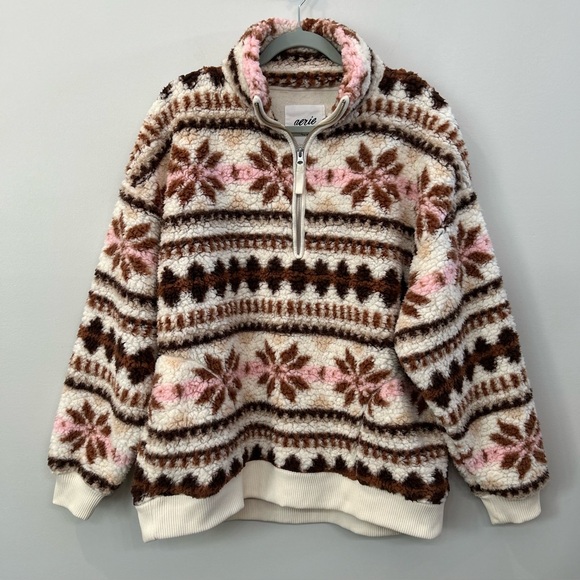 aerie Tops - Aerie Hometown Holiday Sweatshirt Quarter Zip Sherpa Pullover Fair Isle Size M
